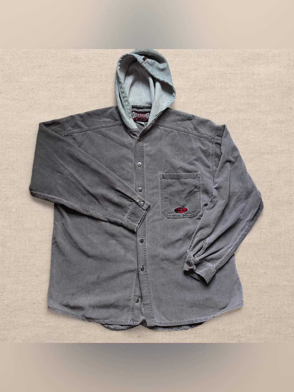 Vintage 90s Quiksilver Corduroy Shirt Jacket Mens Size L Hooded Button Down